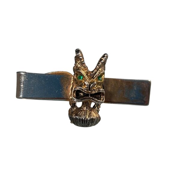 Vintage Gold Tone Dragon Tie Clip With Green Gemstone Eyes  1.5" inches - Picture 1 of 3